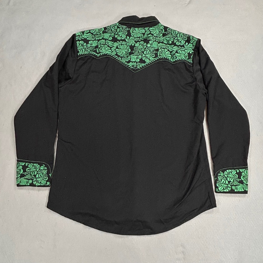 Scully Mens Western Gunfighter Shirt Black Green Embroidered Pearl Snap P-634 L - Picture 8 of 11